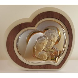 Placa Coração com Sagrada Família Bilaminado Prateado e Dourado